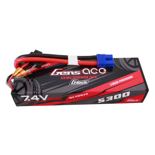Gens Ace 5300mAh 2S1P 7.4V HardCase G-Tech Lipo Battery Pack 24# With EC3 Plug For RC Car GEA532S60E3GT