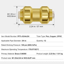 3/4" Brass Straight-Through Push-Fit for Air System Pipe Fittings (12PCS)