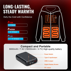 7.4V Battery-Powered Electric Heated Zip Up Sweatshirt for Men & Women, 5 Heating Zones, Lightweight Warm Outdoor Hoodie, Size XXXL, Black
