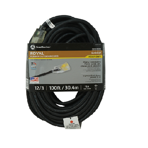 100"Ft Royal Black Rubber Extension Cord 12/3 Sjoow Power Light Indicator 3679SW0008