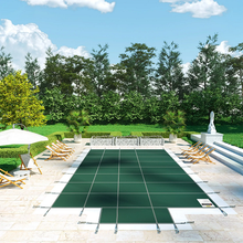 16x32 ft Rectangle Pool Safety Cover, Green Mesh with 4x8 ft Center End Steps, Solid Winter Cover with Protrusions
