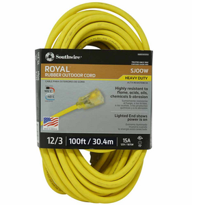 100"Ft Royal Yellow Rubber Extension Cord 12/3 Sjoow Power Light Indicator 3689SW0002
