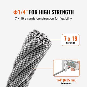 1/4 Inch 7x19 Strand Carbon Steel Braided Aircraft Cable 250FT With Gloves