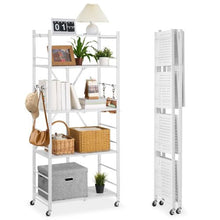 5-Tier Foldable Storage Shelf with Wheels & Hooks (White)