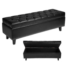  Button-Tufted PU Leather Storage Ottoman Bench with Solid Wood Legs Upholstered Shoe Bench (Black)