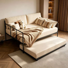 Full Size Metal Daybed with Twin Pop-Up Trundle 2 Lockable Casters Space-Saving Sofa Bed (Black)
