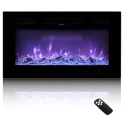 36-Inch Electric Fireplace, 1500W, Wall-Mounted & Recessed, Flat Style, with Remote Control