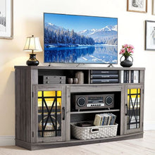 65 In TV Stand Farmhouse Entertainment Center with Light Strip Wooden Cabinet with Glass Doors and Adjustable Shelves for Home