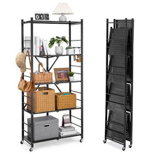 5-Tier Foldable Metal Storage Shelf with Wheels No Assembly (Black)