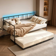 Twin Metal Daybed with Pop-Up Trundle Charging Station LED Lights Height Adjustable Lockable Casters (Black)