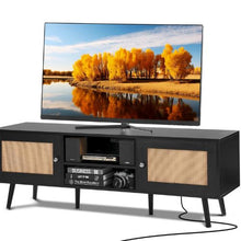 65 Inch Modern Rattan TV Console with with Rattan Doors USB Ports & Built-in Socket for Living Room Media Room (Black)