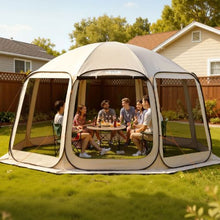 15 x 13.8 ft Pop-Up Screen Tent 12–15 Person Large Screened Canopy Shelter with Netting Sides Stakes & Carry Bag – (Beige)