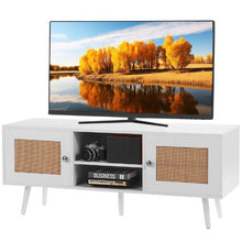 Rattan TV Stand for 55 Inch TV Boho Mid Century Modern TV Cabinet with Adjustable Shelves (White)
