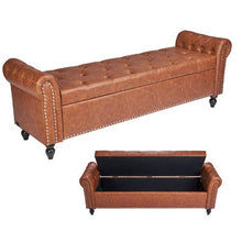 Button-Tufted Storage Ottoman Bench Brown PU Leather Rolled Arms Solid Wood Legs