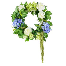23 Inch Blue and White Green Hydrangeas Roses Year Round Artificial Decorative Wreath WA53361