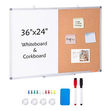 36" x 24" Whiteboard & Cork Board Combo with Aluminum Frame 2-in1 Magnetic for School Office