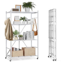 4-Tier Foldable Metal Storage Shelf with Wheels & Hooks No Assembly Shelving Unit for Pantry Kitchen Garage (White)
