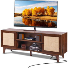 75 Inch Rattan TV Cabinet for Boho Entertainment Center with Built-in Socket 2 Shelves & Storage Doors (Walnut)