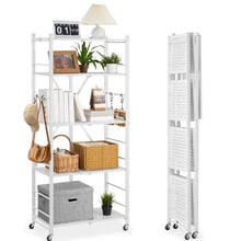 5-Tier Foldable Metal Storage Shelf with Wheels No Assembly (White)