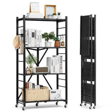 4-Tier Foldable Metal Storage Shelf with Wheels No Assembly (Black)