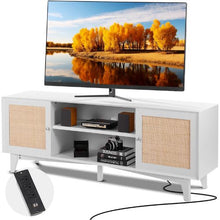 Rattan TV Stand for 75 Inch TV Boho Console with Rattan Doors & Built-in Socket (White)