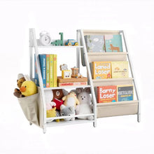 3-Tier Kids Bookshelf with Sling Book Rack & Storage Bag Toy Storage Organizer for Kids Room