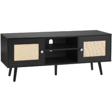 55 Inch Mid Century Modern Rattan TV Stand with Adjustable Shelves for Living Room Media Room (Black)