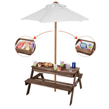 Kids 3-in-1 Picnic Table with Umbrella Sand & Water Play Table Wooden Bench Set with 2 Trays Seats 4 (Walnut)