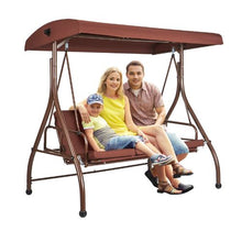 3-Seat Patio Swing with Canopy Steel Frame Cushioned Outdoor Bench (Brown)