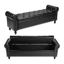 Button-Tufted PU Leather Storage Ottoman Bench with Rolled Arms Solid Wood Legs (Black)