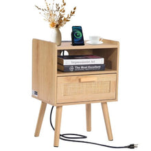 Rattan Nightstand with Drawer, Open Shelf & Charging Station