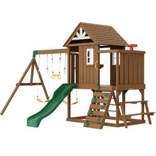 9-in-1 Wooden Swing Set with Slide, Fort, Climbing Wall & Sandbox for Backyard