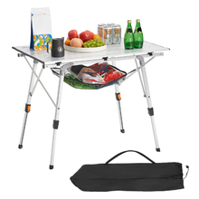 Portable Roll Up Camping Table – Adjustable Aluminum Table with Mesh Shelf & Carry Bag (Silver)