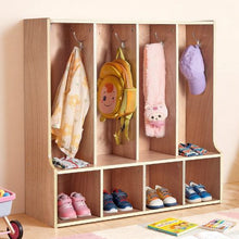 4-Section Toddler Cubby Storage Organizer with Coat Hooks Natural