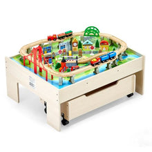 31x25x13 Inch Wooden Train Table Set with Rolling Storage Drawer – 3-in-1 Toy for Kids 3+