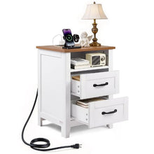 Farmhouse Nightstand with Charging Station White Side Table with 2 Drawers & Shelf USB Ports & AC Outlets