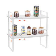 "Adjustable 2-Tier Kitchen Cabinet Shelf Organizer - Expandable Stackable Storage Riser for Pantry Bathroom & Office (White)