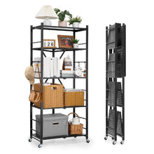 5-Tier Foldable Storage Shelf with Wheels & Hooks (Black)