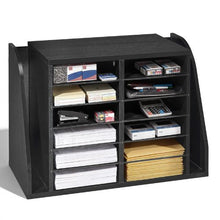 12-Compartment Literature Organizer with Side Vertical Storage, Wooden Mailbox Sorter (Black)