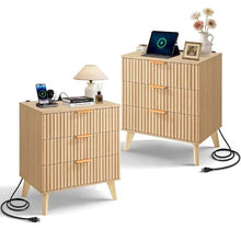Fluted Nightstands Set of 2 Mid-Century Modern Bedside Tables with Charging Station 3 Drawers Khaki