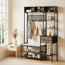 70.9" Hall Tree Coat Rack with Shoe Bench & 2 Drawers 3-in-1 Storage Organizer Bookshelf & Wire Shelf Steel Frame for Entryway Bedroom