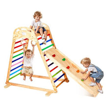 4-in-1 Wooden Indoor Jungle Gym, Montessori Playset with Climbing Rock, Slide & Gym Rings