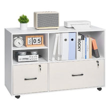 2-Drawer Wooden File Cabinet Rolling Storage with Open Shelves & Lockable Printer Stand