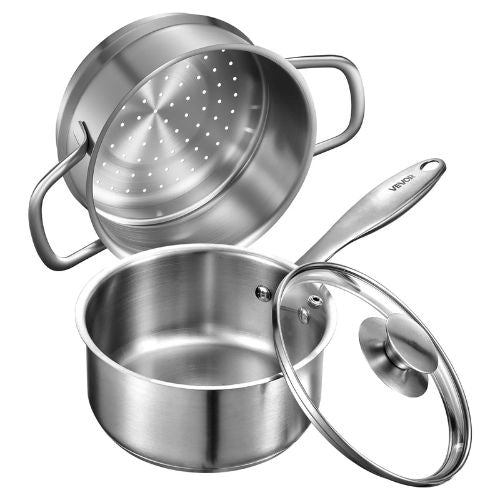 1.5 QT Stainless Steel Saucepan with Steamer for Oven Dishwasher Induction Cooker
