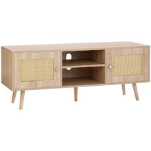 Boho Mid Century Rattan TV Cabinet for 55 Inch TV with Adjustable Shelves (Oak Finish)