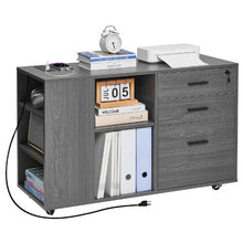 3-Drawer Wooden File Cabinet Rolling Storage with Power Strip Lock & Adjustable Shelves 5 Wheels