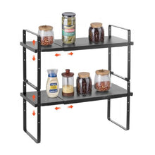 "Adjustable 2-Tier Kitchen Cabinet Shelf Organizer - Expandable Stackable Storage Riser for Pantry Bathroom & Office (Black)"
