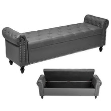 Button-Tufted Storage Ottoman Bench Gray PU Leather Rolled Arms Solid Wood Legs