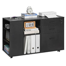 3-Drawer Wooden File Cabinet Rolling Storage with Power Strip Lock & Adjustable Shelves