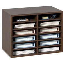 12-Compartment Wooden Literature Organizer with Adjustable Shelves for Office & Home (Brown)